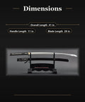 Unsharpened Aluminum Iaido Katana Training Sword With 28 Inch Blade Safe Practice Real Katana Weight displayed with dimensions