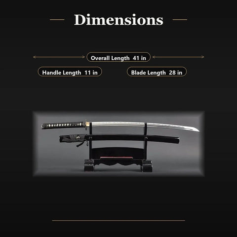 Unsharpened Aluminum Iaido Katana Training Sword With 28 Inch Blade Safe Practice Real Katana Weight displayed with dimensions