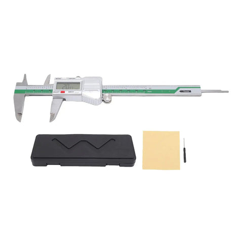 Mingzhe Digital Caliper 6in, IP54 Splashproof, Stainless Steel with case and accessories on a white background.