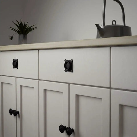 Premium Mission Style Wrought Iron Cabinet Ring Pull 2 Inch Antique Drop Handle With Matte Black Rust Resistant Powder Coat on kitchen cabinet.