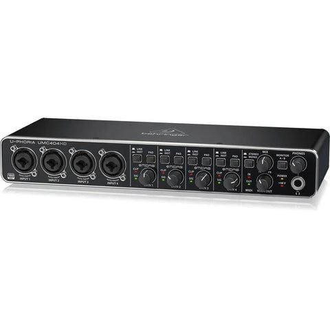 UMC404HD 4x4 USB Audio Interface With Midas Mic Preamps 24-Bit 192 kHz showing front panel with inputs and controls