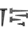 Hella Sturdy Heavy Duty T Shaped Black Iron Barn Door Hardware Kits Built Tight For Rustic Kitchen Cabinets Secure Wardrobes And Patio Gate Brackets Pair including multiple black iron T-hinges.
