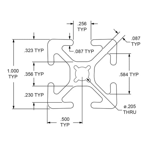 Technical diagram of 1 Inch By 1 Inch T Slot Aluminum Extrusion 10 Series 6063 T6 Smooth Clear Anodized Finish