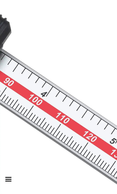 Close-up of Beefy Depth Gauge Vernier Caliper 0 To 6 In 150 Mm, 0 To 8 In 200 Mm, 0 To 12 In 300 mm With Digital Readout scale in use.
