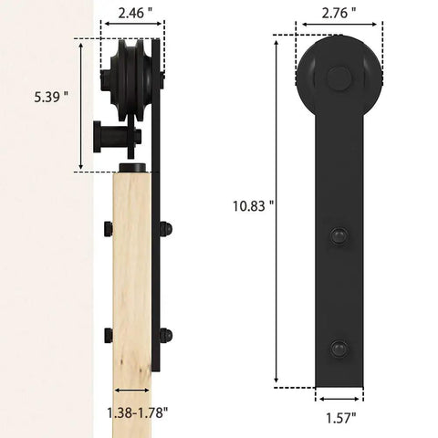 Heavy Duty Double Barn Door Hardware Kit 14 Foot Matte Black Track System detailed view with dimensions for smooth gliding doors.