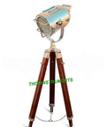 Chrome Spotlight Floor Lamp With Brown Wood Tripod Adjustable Height Studio Searchlight Lit Vintage Rustic Decor For Living Room Or Office Nautical Inspired Showpiece And Gift Idea.