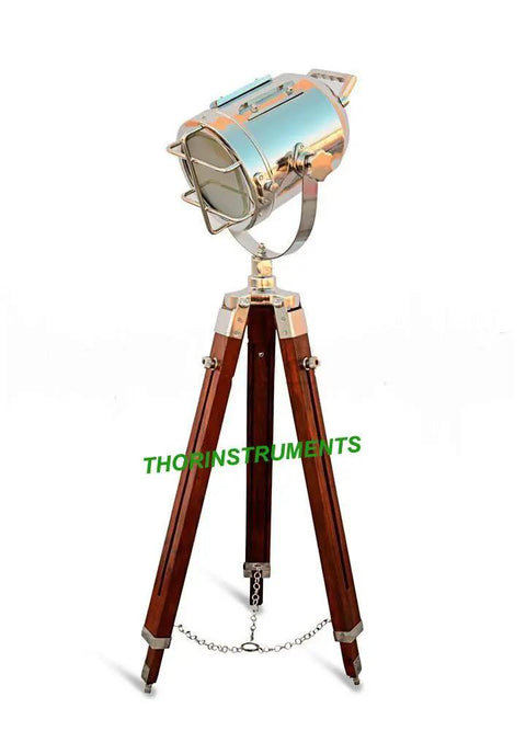 Chrome Spotlight Floor Lamp With Brown Wood Tripod Adjustable Height Studio Searchlight Lit Vintage Rustic Decor For Living Room Or Office Nautical Inspired Showpiece And Gift Idea.
