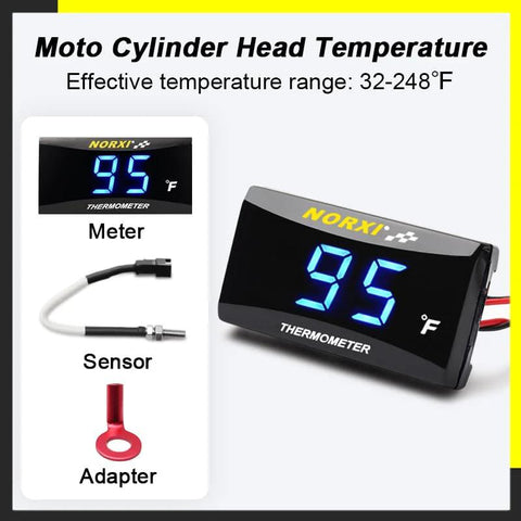 Universal Digital Engine Temperature Gauge With 10mm Or 14mm Probe Adapter featuring LCD display, sensor, and adapter shown
