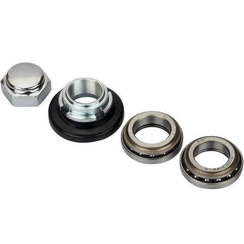 Steering fork bearing set with nut and seal; metal bearings and black seal