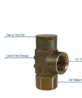 Rock Solid Lead Free Brass Pressure Relief Valve With 100 Psi Cold Water Safety Shield For Well Tanks And Pump Plumbing Systems showing dimensions and features.