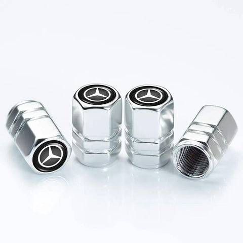 Mercedes Benz Car Tire Valve Caps And Key Chain Set For Vehicles 4 Pack Dust Caps And Keychain Accessories, zinc alloy polished.