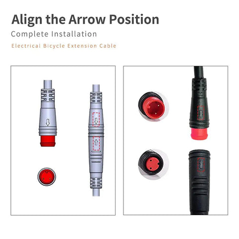 Ebike Extension Cable 2Pin 3Pin 4Pin 5Pin 6Pin Waterproof Male To Female Connector Set showing alignment and installation guide.