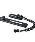 Brushed Stainless Steel Sliding Gate Latch Lock With Auto Spring Catch Rock Solid Security For Wooden Yard Gates Built Tough Hella Secure No Sweat Install close-up view of black sliding latch with chain and spring mechanism