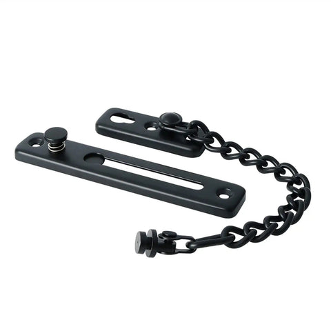 Stainless Steel Sliding Door Lock Spring Catch Latch for Wooden Garden Gate with black chain and mounting plates.
