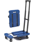 Foldable Panel Dolly Cart With Retractable Base And Rolling Flatbed Trolley For Easy Loading And Storage Durable Plastic Platform Truck In Compact Blue Design For Moving Heavy Loads On The Go, folded and open