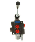 Front view of a 1-spool hydraulic directional control valve with lever, black body, red port plugs, blue label, BSPP ports