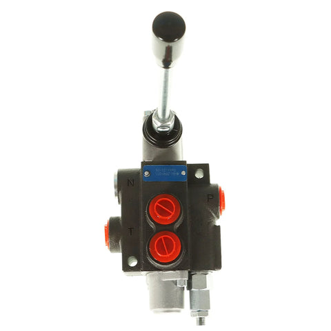 Front view of a 1-spool hydraulic directional control valve with lever, black body, red port plugs, blue label, BSPP ports