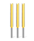 1/4 Inch Lengthened Straight Router Bit With Double Blade For Deep Slotting Clean Precise Groovin Cutter on display, showing three carbide bits.