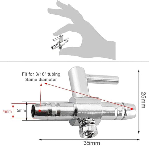 12 Pack Aquarium Air Flow Control Valves For Fish Tanks, Single Way Valve, Nickel Plated Copper, 5mm Outlet, Silver Tone with dimensions