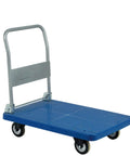 Heavy Duty Folding Transport Cart With Aluminum Handle And Rugged Deck For Easy Box Hauls In Warehouses Labs And Classrooms Four Wheel Push Cart For Daily Use And Reliable Smooth Mobility. Blue deck four-wheel folding transport cart with aluminum handle