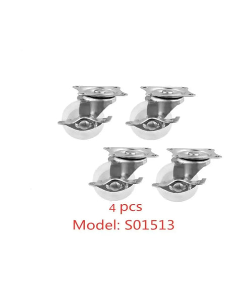 Four Pack 1.5 Inch Caster Wheels With Brakes For Furniture White PP Flat Bottom 5 cm Side Height Heavy Duty Swivel Casters Set