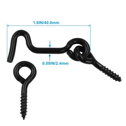 Heavy Duty Zinc Plated Carbon Steel Cabin Hook And Eye Latch In Matte Black showing 1.6 inch and 0.09 inch components.