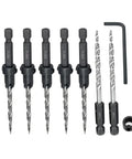 Countersink Drill Bit Set Eleven Sixty Fourth Inch Five Piece With Two Extra Tapered Bits Stop Collar And Hex Wrench For Woodworking