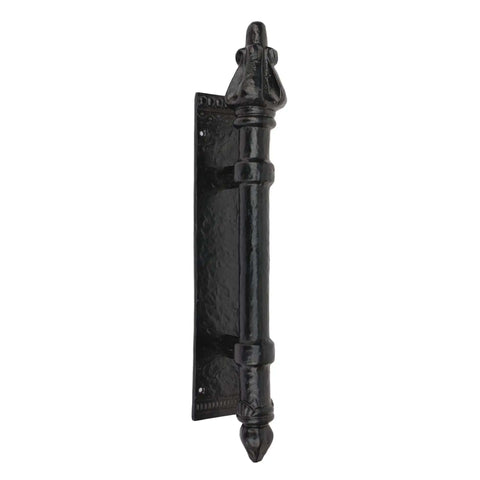 12 Inch Iron Barn Door Pull Handle With Plate in antique black, heavy duty, rust resistant, shown mounted vertically