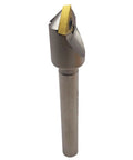 Chamfering tool bit with 1/2-inch shank and yellow carbide insert on steel boring bar (front view)