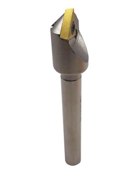 Chamfering tool bit with 1/2-inch shank and yellow carbide insert on steel boring bar (front view)