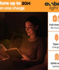 Woman reading with Giftable Amber Book Light With Blue Light Blocking Rechargeable 1600K Warm Amber Glow For Reading In Bed