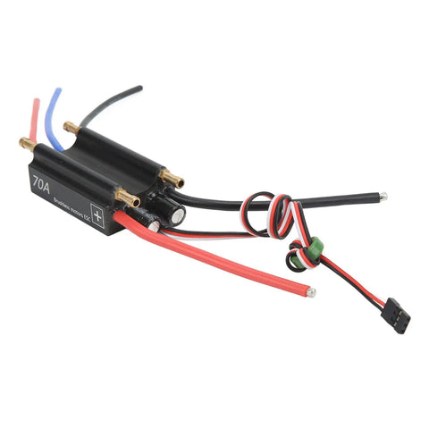 Brushless ESC 70A Waterproof With Built In BEC for RC boats and airships, black aluminum alloy case with wiring and connectors shown