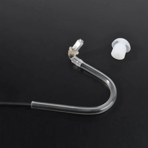Listen Only Earpiece With Balanced Armature Driver For Motorola Icom Ham Radios, clear tubing and ear tip on black surface