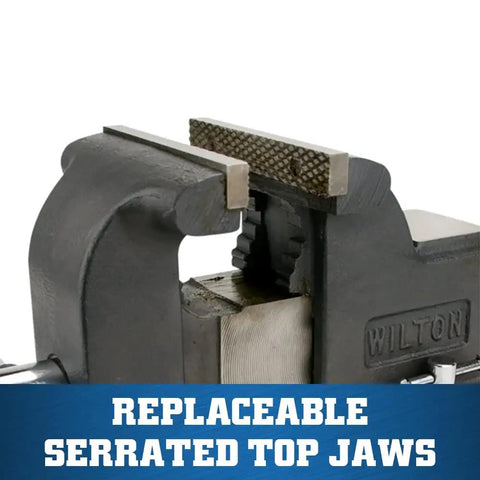 Heavy Duty Shop Bench Vise With 5 Inch Jaw Width And 5 Inch Opening, 3 Inch Throat, 360 Degree Swivel Base, Pipe Jaws, serrated top jaws