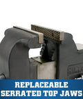 Heavy Duty 4 Inch Bench Vise With 360 Degree Swivel Base Double Lockdowns 4 Inch Jaw Width 4 Inch Jaw Opening, replaceable jaws shown