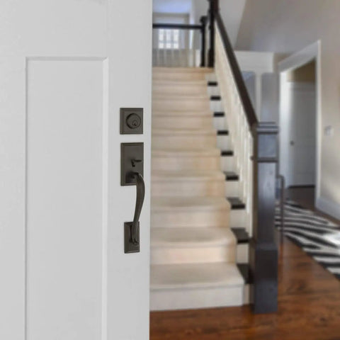 Sick Matte Black Exterior Door Handle Set With Left Hand Wave Lever And Deadbolt Lock Adjustable Latch Zinc Alloy Build