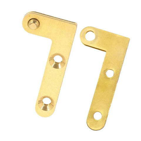 Hidden Brass Gold L Shaped Pivot Hinge 2 Pack For Cabinets And Doors, corrosion resistant, close-up view.