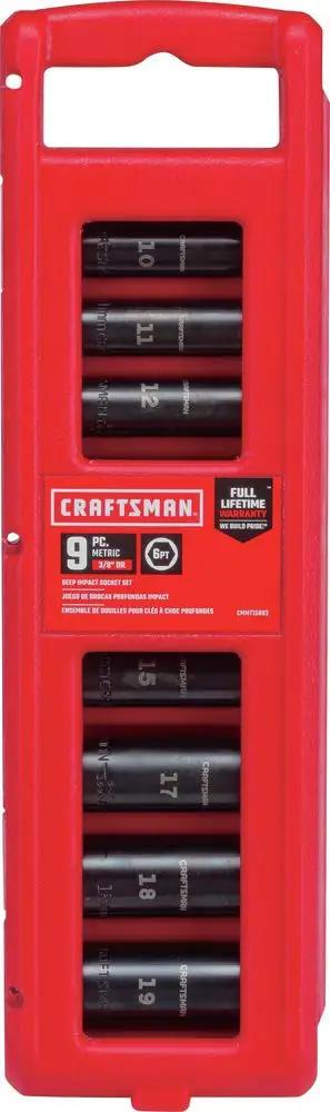 Impact Socket Set Metric Three Eighths Inch Drive, Nine Piece, 6 Point, with Black Oxide Finish in red storage case.