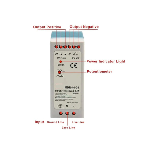 Front view of Heavy Duty Switching Power Supply Industrial Mini Transformer With Single Output 5V 12V 24V DC Converter, detailed labels.