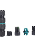 M25 waterproof 4-pin cable gland kit for outdoor junction boxes; 2-pc set, black plastic with teal ring, front view.