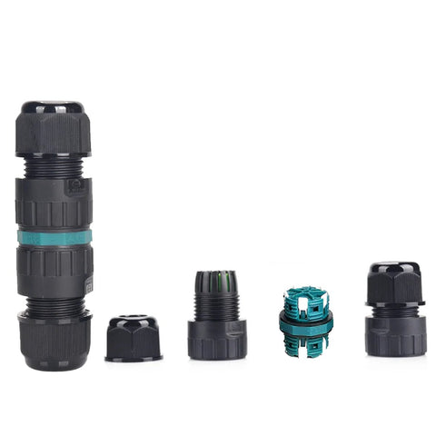 M25 waterproof 4-pin cable gland kit for outdoor junction boxes; 2-pc set, black plastic with teal ring, front view.