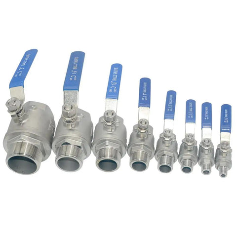 Various sizes of Heavy Duty 1 Inch Full Port Ball Valve With Male X Female Npt Threads And 304 Stainless Steel Construction.