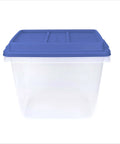 Kick Ass 32 Quart Clear Plastic Stackable Storage Bins With Blue Latching Lids front view showing clear body and blue lid.