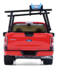Rear view of Ford F 150 Diecast Model One Sixty Four Ladder Rack Pickup Red With Black Stripes Farm Series Limited Edition True To Scale