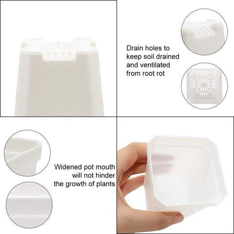 30 Pack 3 Inch White Square Nursery Pots With Drain Holes And Saucers For Seed Starting And Seedlings, close-up of pot details.