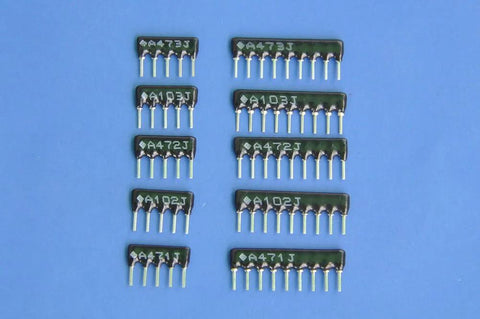 Thick-film resistor network kit, SIP-5/SIP-9 bussed type, 1/8W, 12-piece assortment of 470Ω, 1kΩ, 4.7kΩ, 10kΩ, 47kΩ.
