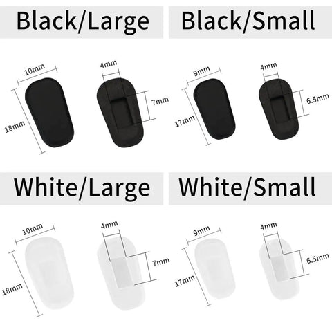 Hella Soft Anti Slip Silicone Eyeglass Nose Pads 18 Pair Replacement Kit With Cleaning Cloth Super Snug Grip Featherlight Allergy Free For Glasses And Sunglasses Small White and Black Sizes Display with Measurements