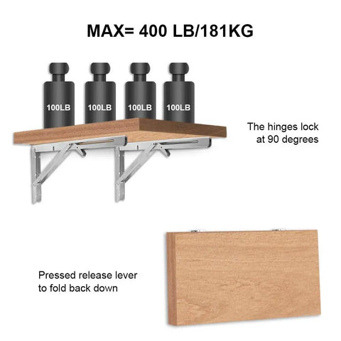 Heavy Duty Folding Shelf Brackets 20 Inch Two Pack Stainless Steel Collapsible Wall Mount with weights and fold down lever