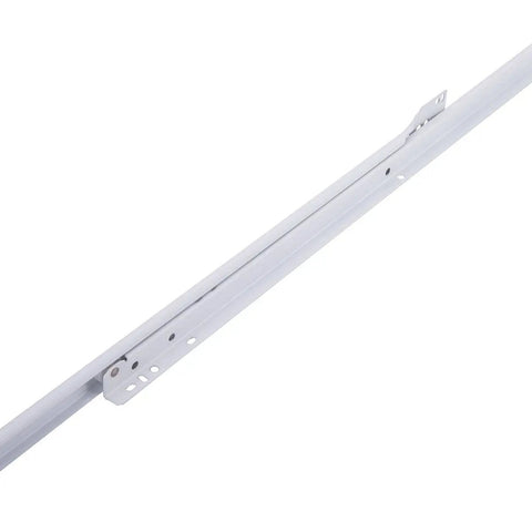 Close-up of 20 Inch Bottom Mount Drawer Slide Kit Beefy Steel Tracks With White Powder Coat Finish 1.2mm Thick