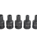 Pro Square Tap Socket Kit 5-Piece Set For M6 To M14 Re-Threading With Chrome Vanadium Steel, Black Phosphate Finish and Pneumatic Adapter For Tight Spots. five black sockets M6-M14